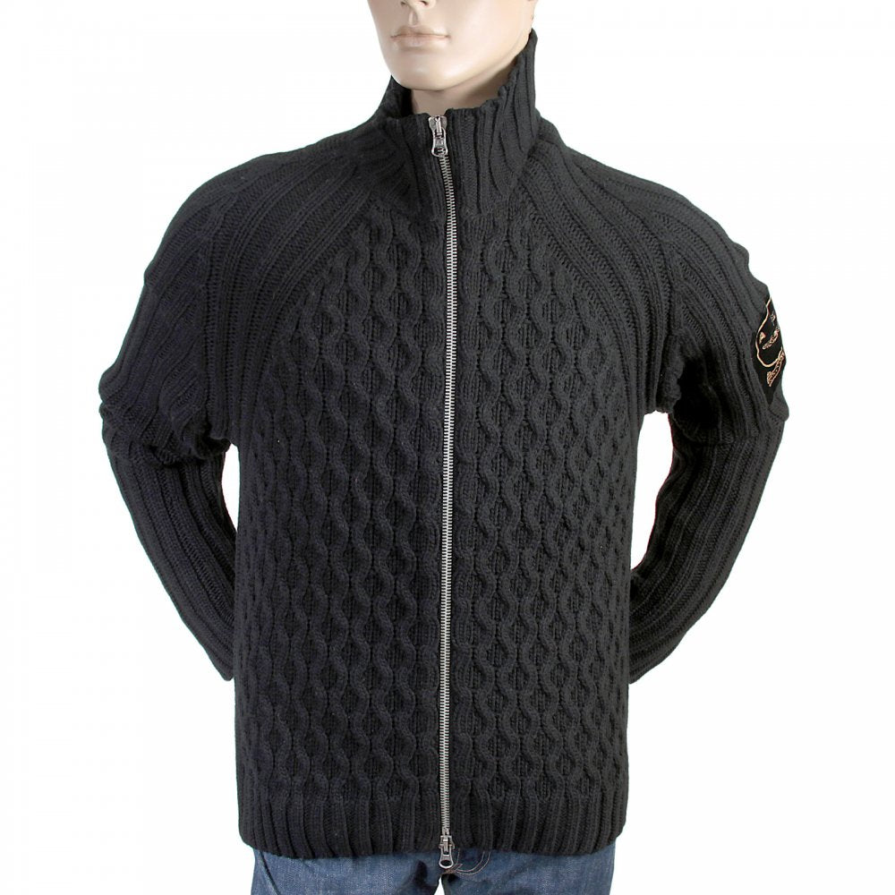 Black Regular Fit High Collar Zipped Chunky Knit Cardigan