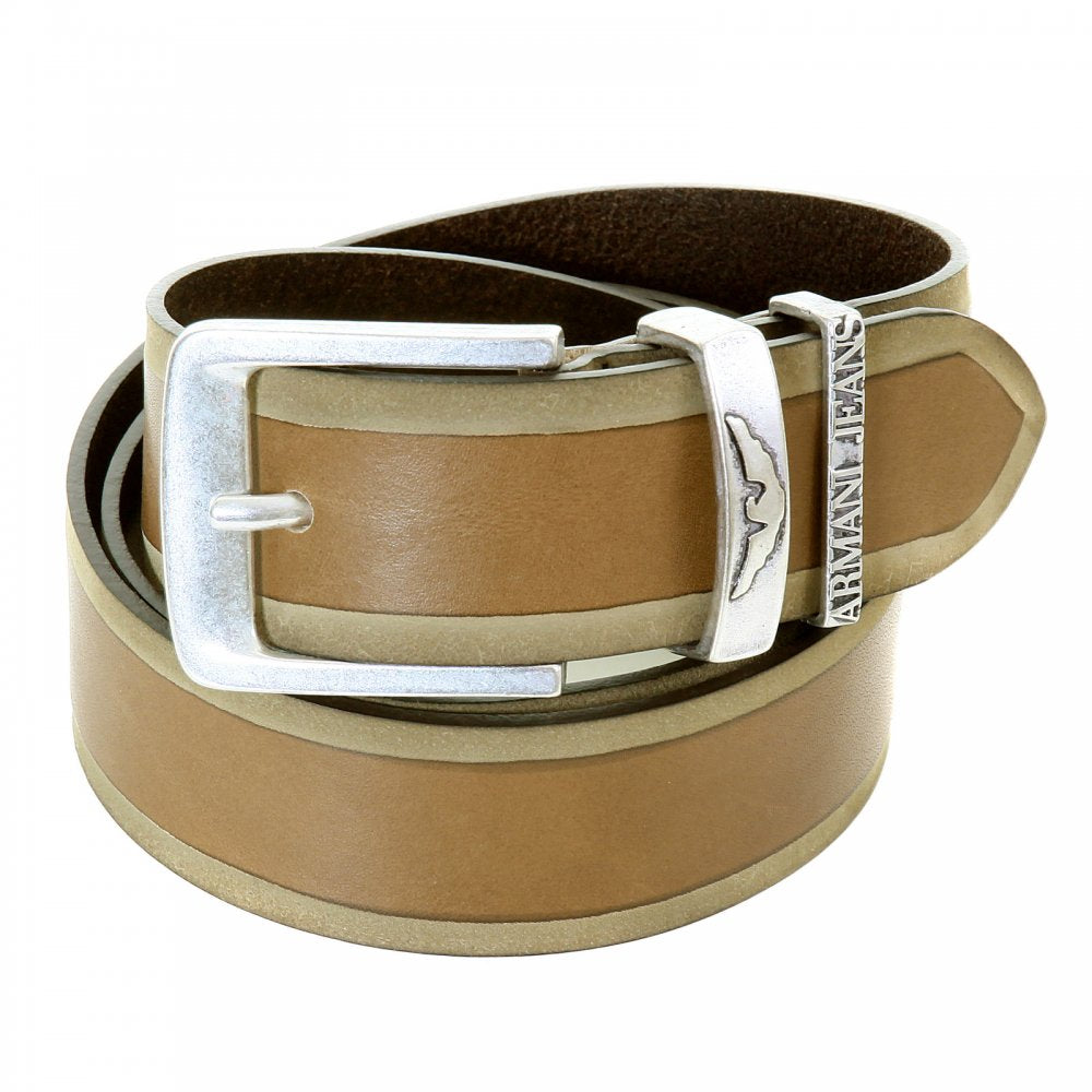 Light Brown Grain Leather Casual Belt with Side Trim