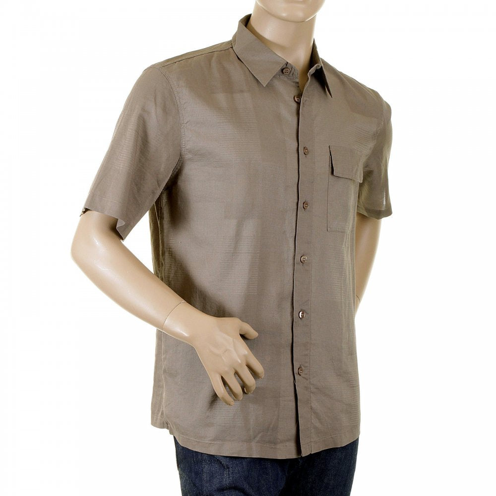 Dark Taupe Woven Cotton Short Sleeve Fitted Shirt with Self Coloured Checks