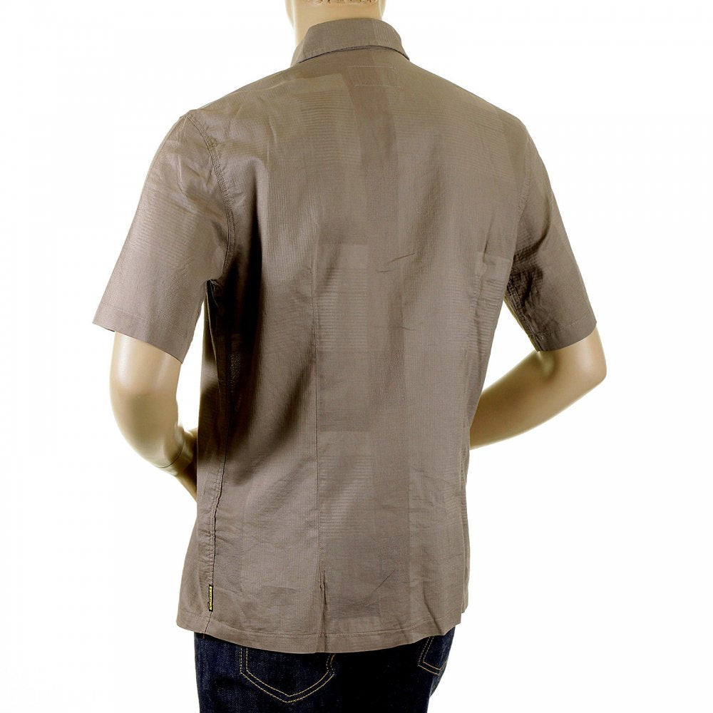 Dark Taupe Woven Cotton Short Sleeve Fitted Shirt with Self Coloured Checks