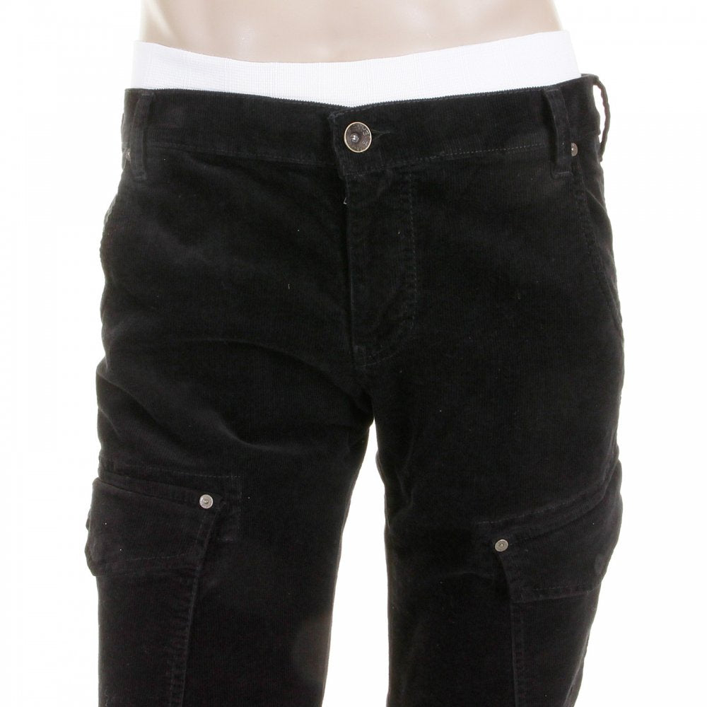 Black Fine Cord Stretch Cotton Regular Fit Low Waist Straight Leg Jeans