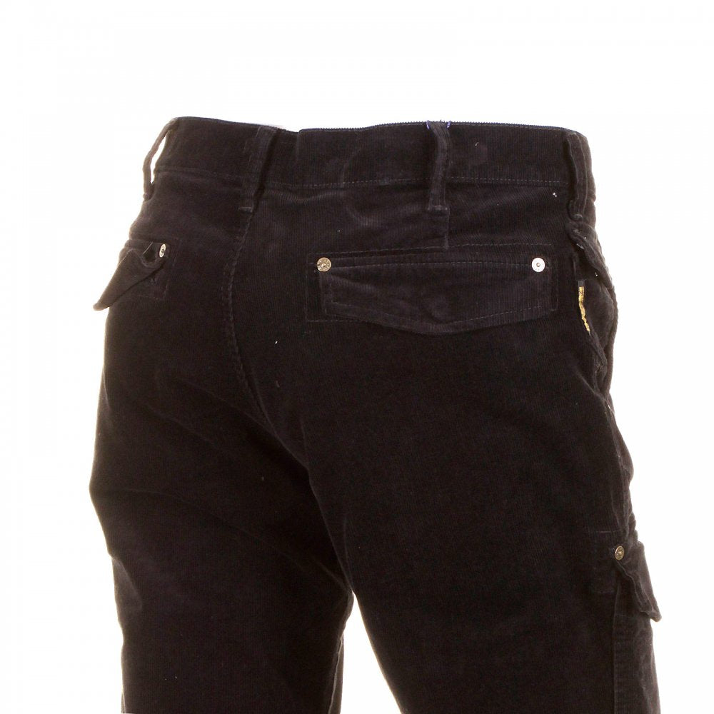 Black Fine Cord Stretch Cotton Regular Fit Low Waist Straight Leg Jeans