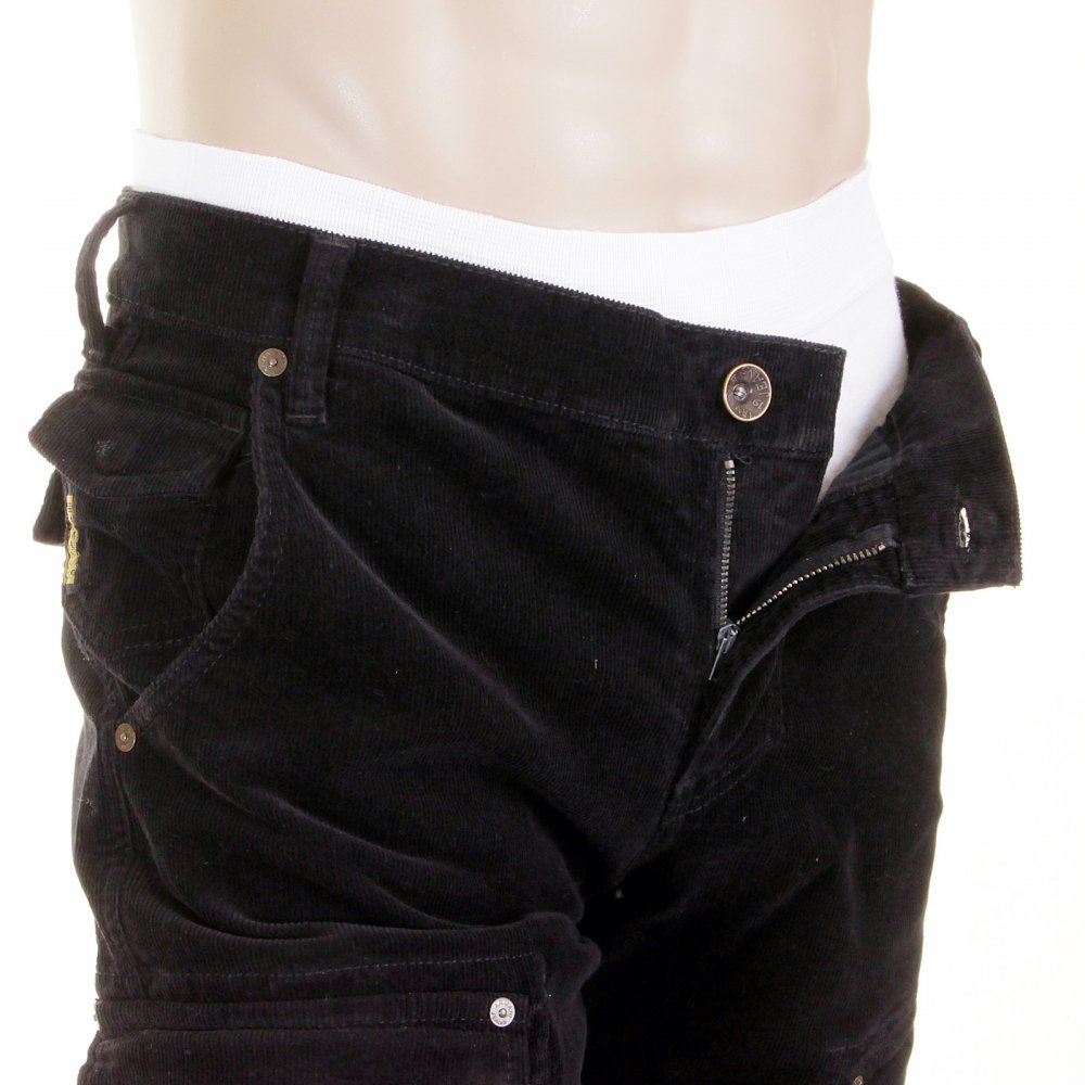 Black Fine Cord Stretch Cotton Regular Fit Low Waist Straight Leg Jeans
