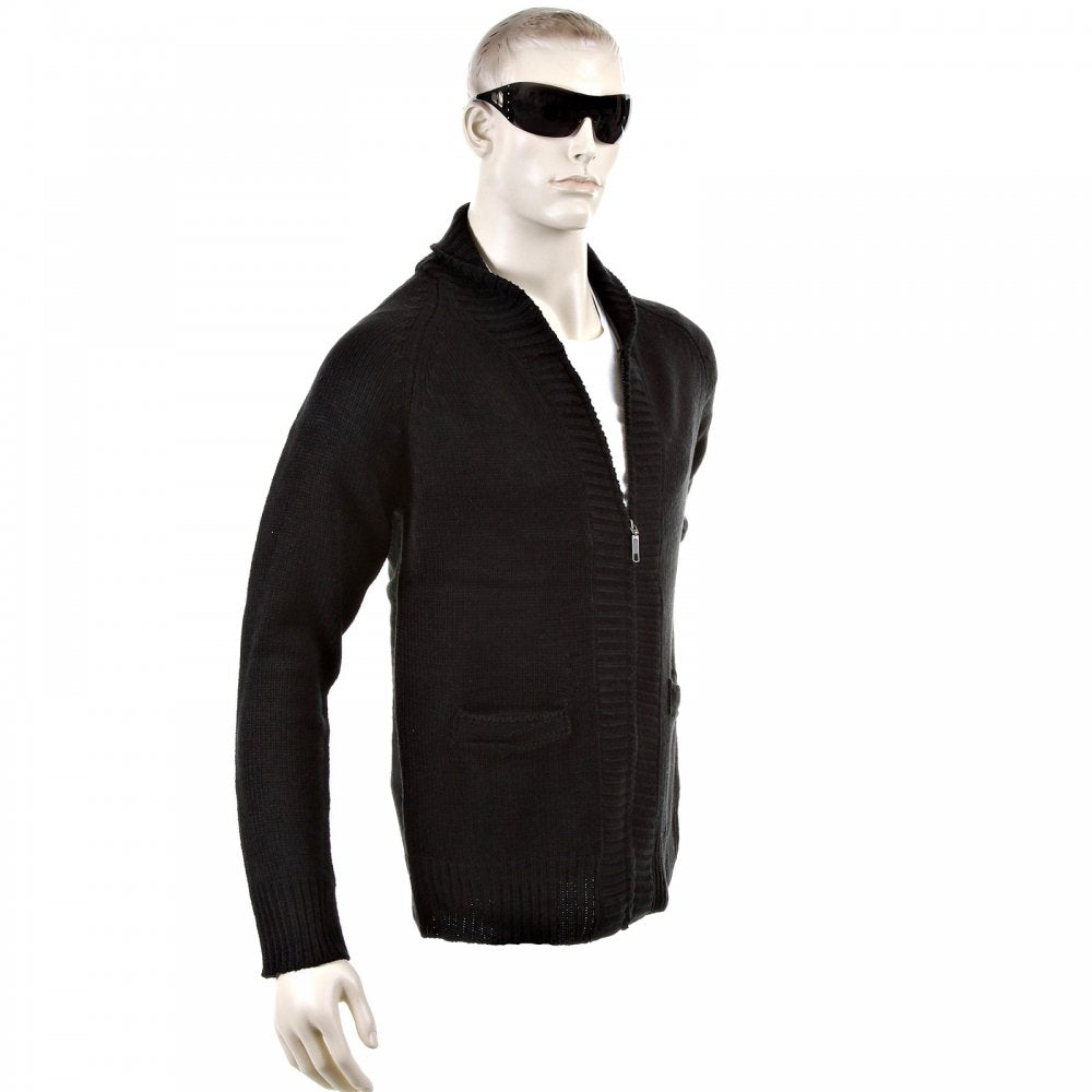 Black Shawl Collar Long Sleeve Regular Fit Zip Up Knitted Cardigan