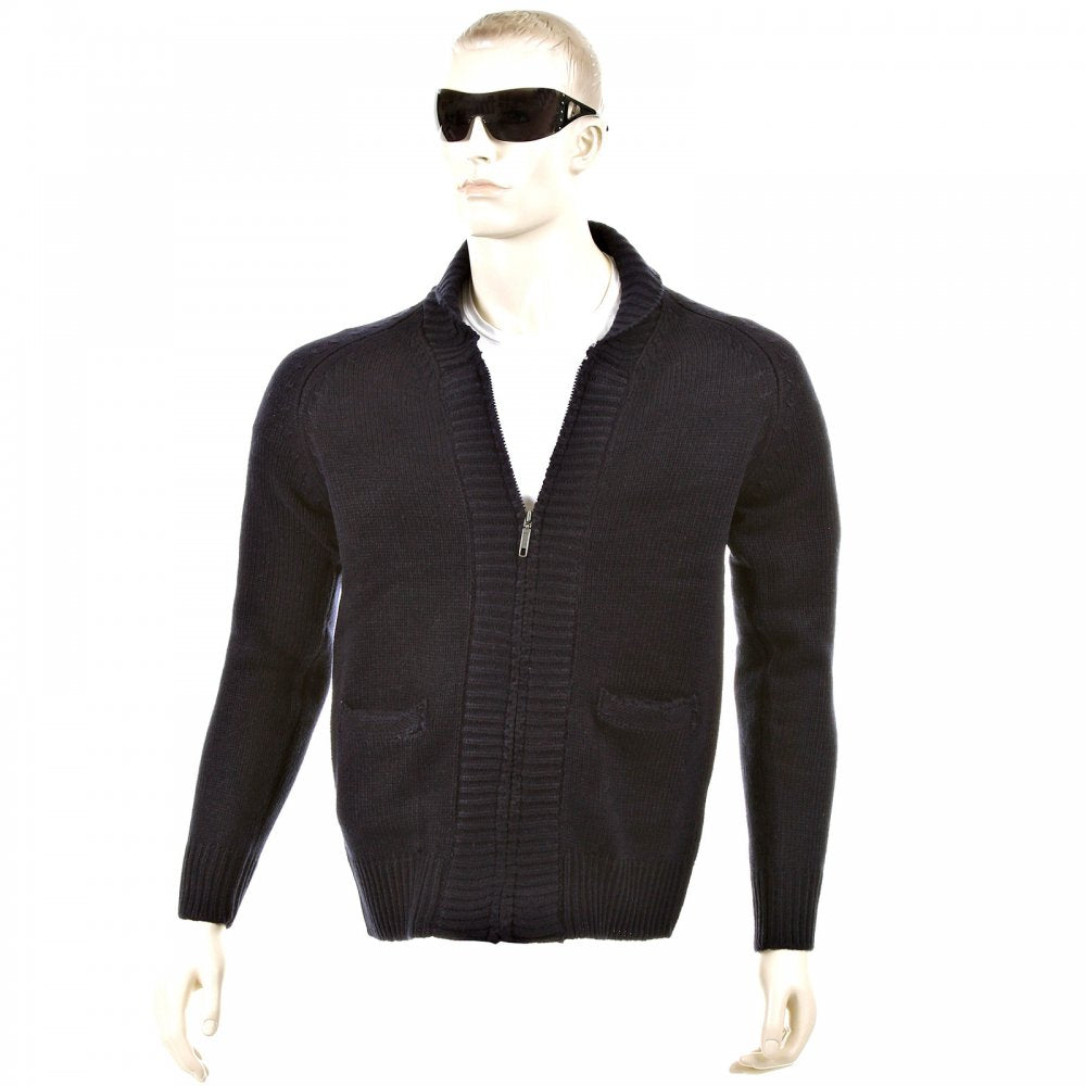 Navy Shawl Collar Long Sleeve Regular Fit Zip up Knitted Cardigan