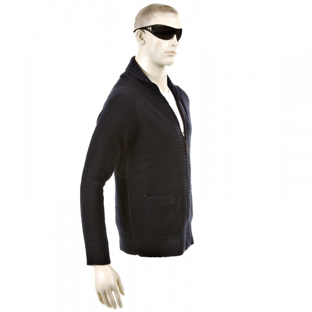 Navy Shawl Collar Long Sleeve Regular Fit Zip up Knitted Cardigan