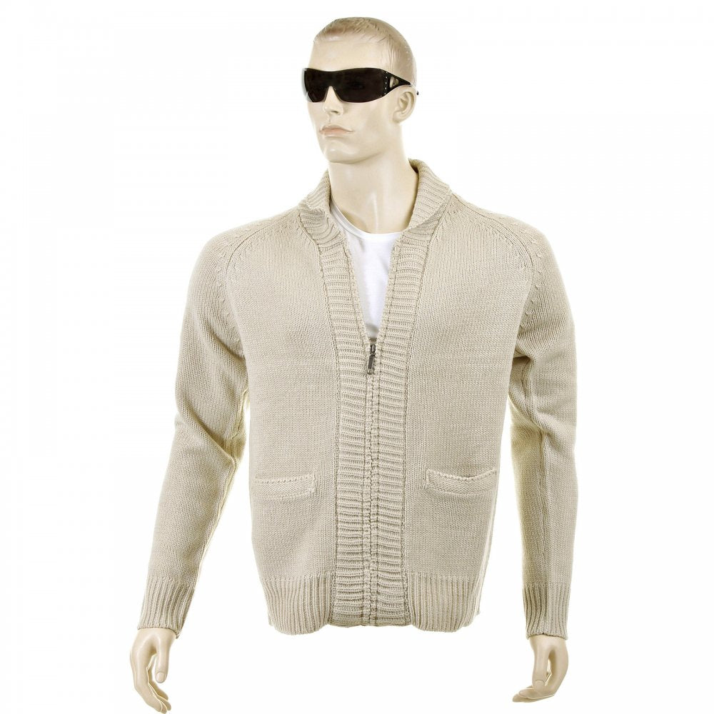 Beige Shawl Collar Long Sleeve Regular Fit Zip Up Knitted Cardigan