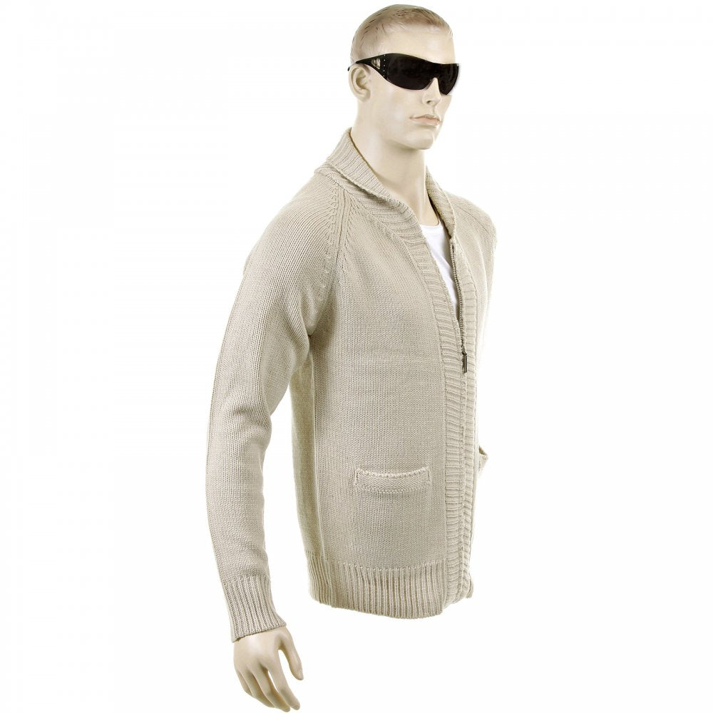 Beige Shawl Collar Long Sleeve Regular Fit Zip Up Knitted Cardigan