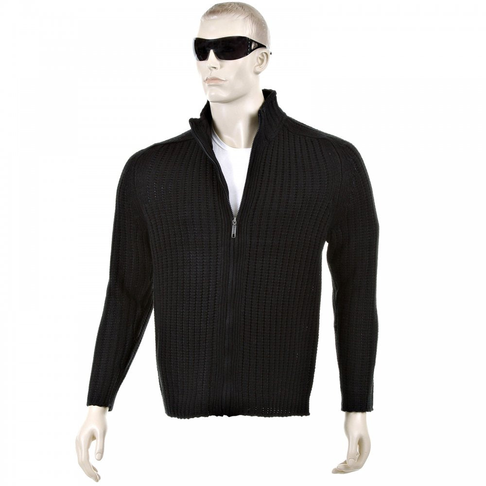 Black Ribbed Zip up Regular Fit High Neck Cardigan