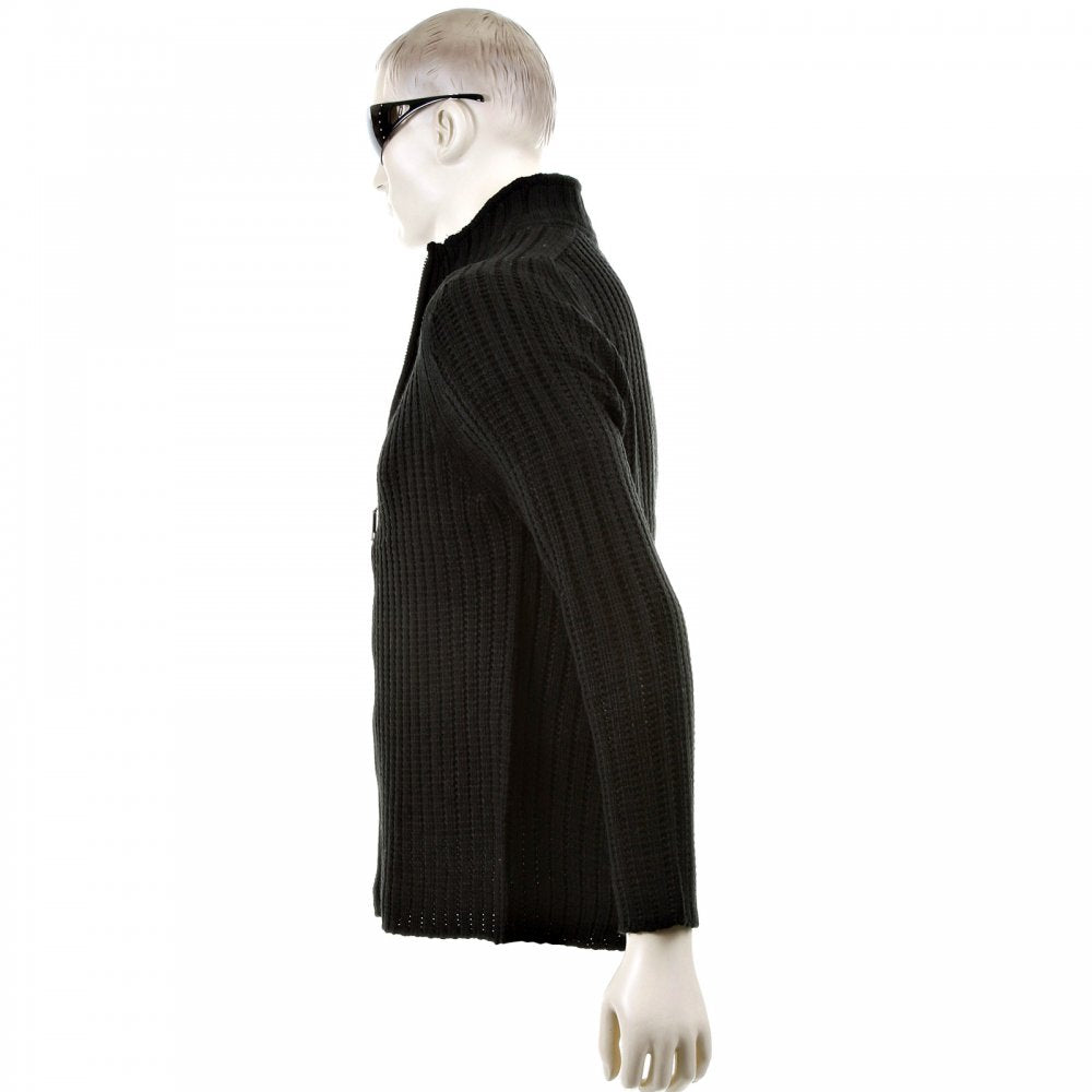 Black Ribbed Zip up Regular Fit High Neck Cardigan