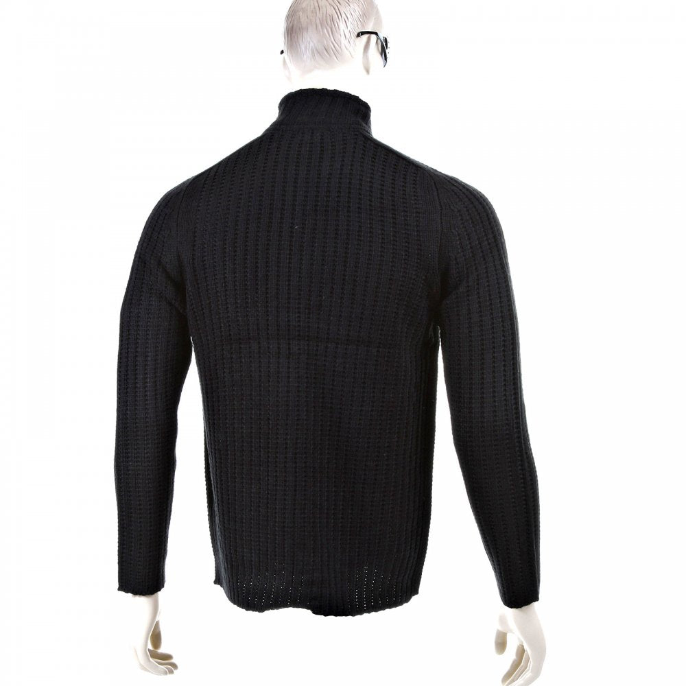 Black Ribbed Zip up Regular Fit High Neck Cardigan