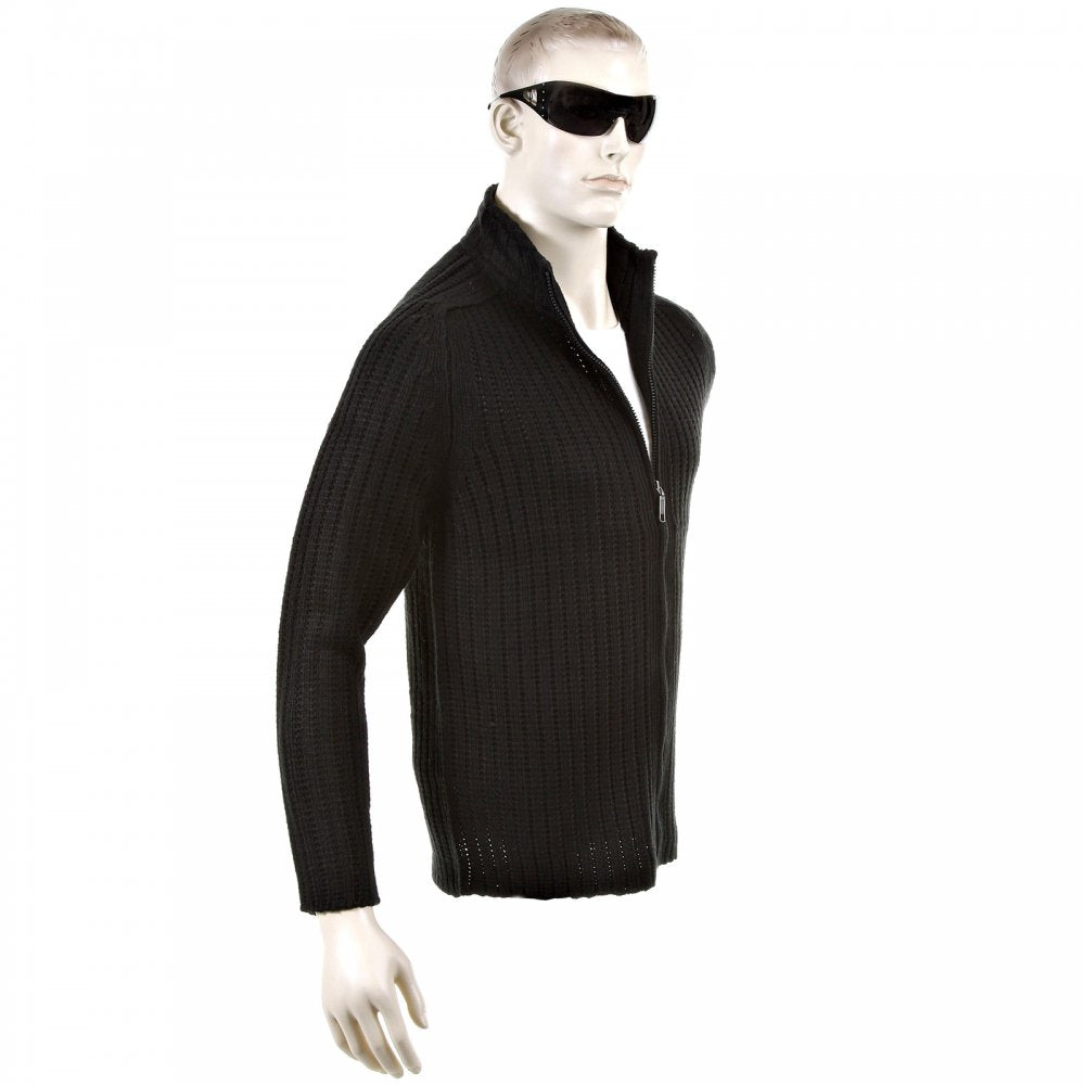 Black Ribbed Zip up Regular Fit High Neck Cardigan