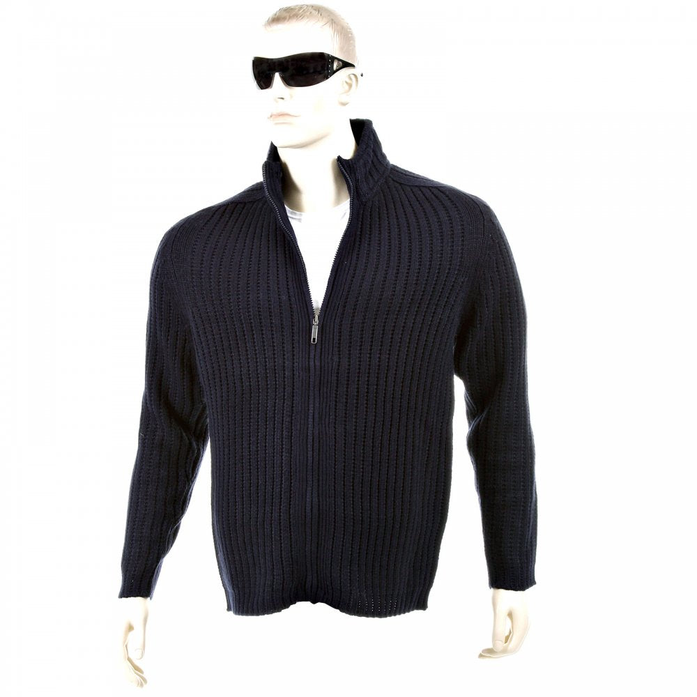 Dark Navy Ribbed Zip up Regular Fit High Neck Cardigan