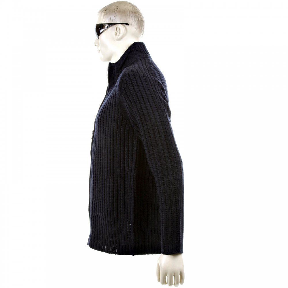 Dark Navy Ribbed Zip up Regular Fit High Neck Cardigan