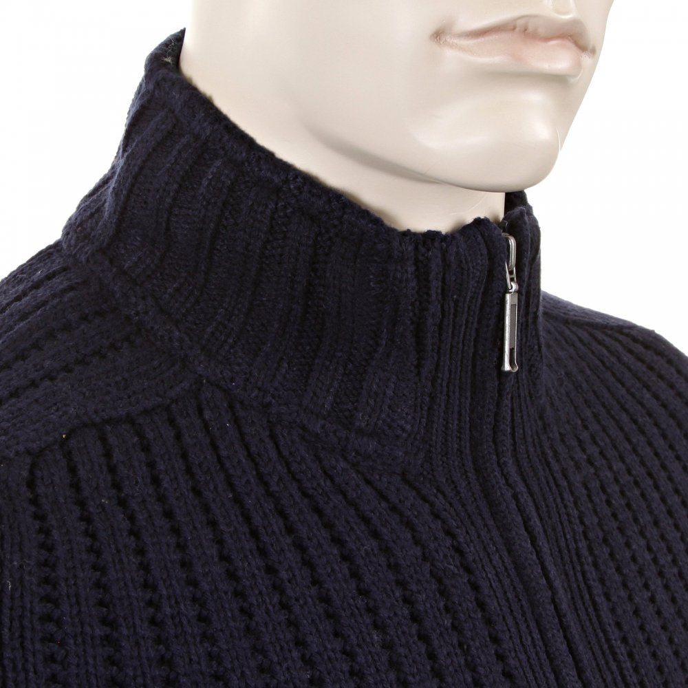 Dark Navy Ribbed Zip up Regular Fit High Neck Cardigan