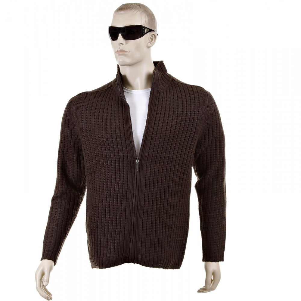 Chocolate Brown Ribbed Zip up Long Sleeve Regular Fit High Neck Cardigan