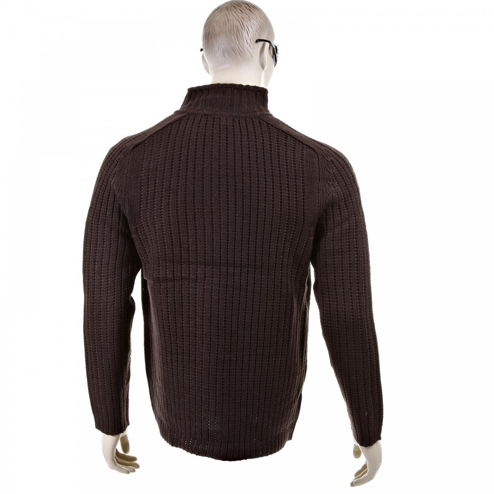 Chocolate Brown Ribbed Zip up Long Sleeve Regular Fit High Neck Cardigan