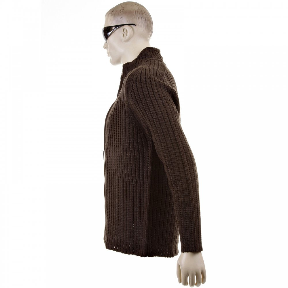 Chocolate Brown Ribbed Zip up Long Sleeve Regular Fit High Neck Cardigan
