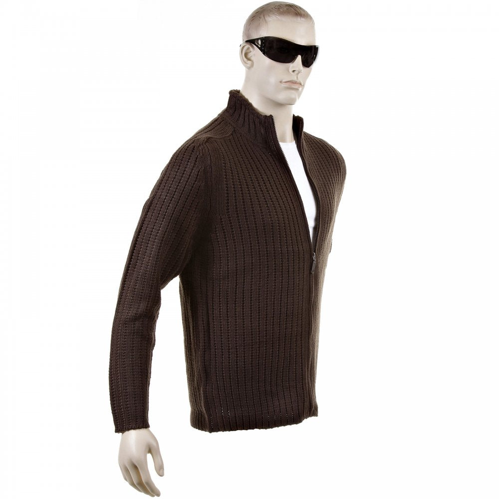 Chocolate Brown Ribbed Zip up Long Sleeve Regular Fit High Neck Cardigan