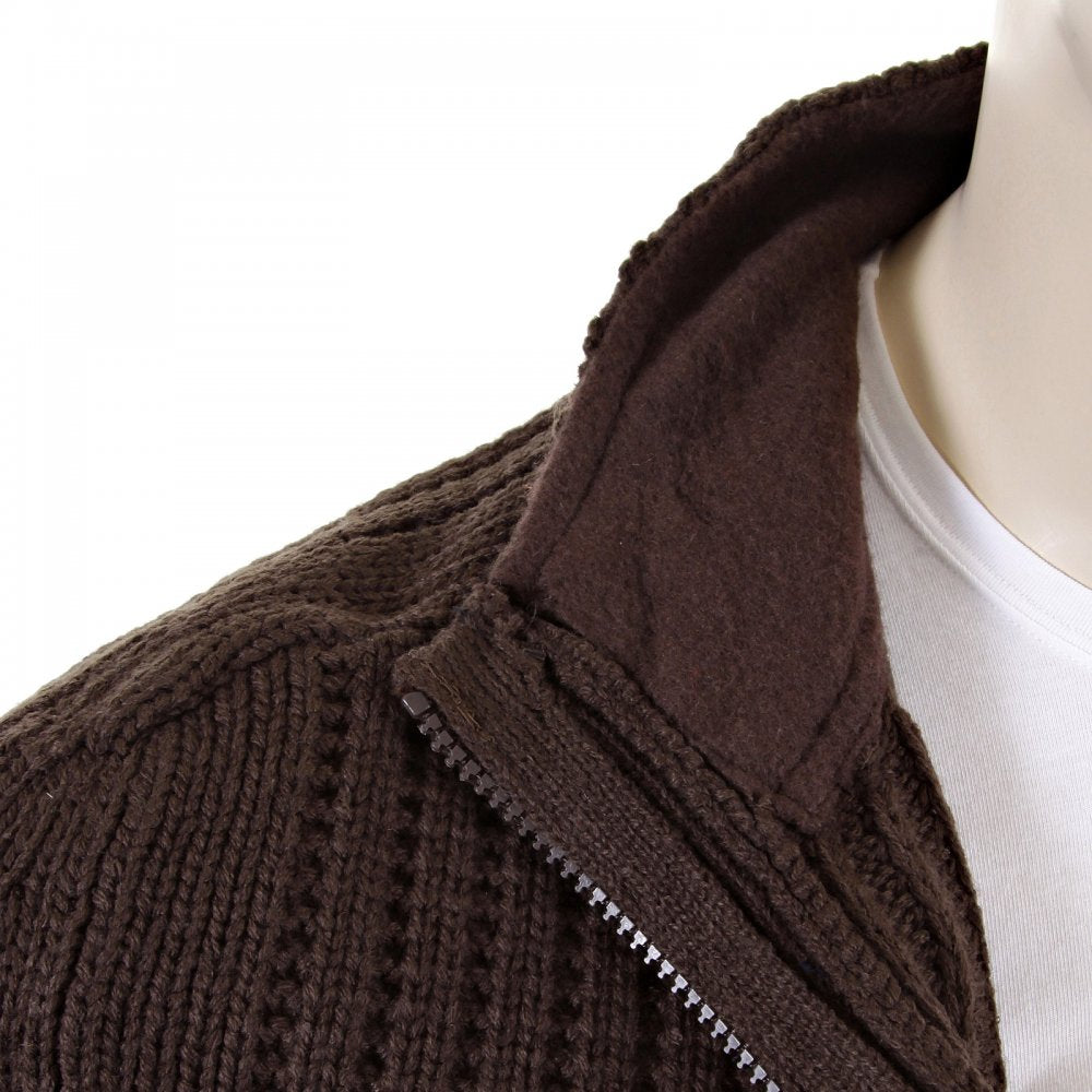 Chocolate Brown Ribbed Zip up Long Sleeve Regular Fit High Neck Cardigan