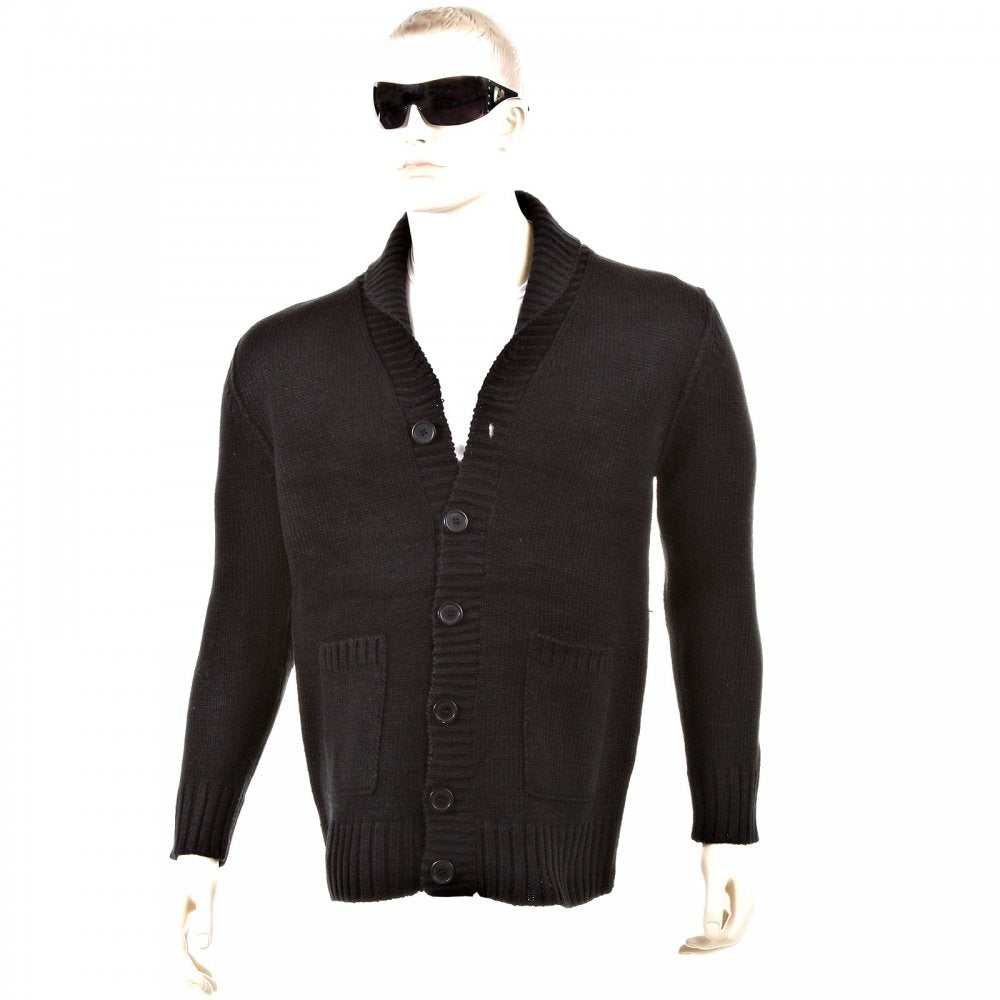 Regular Fit Black Button up Shawl Collar Knitted Cardigan