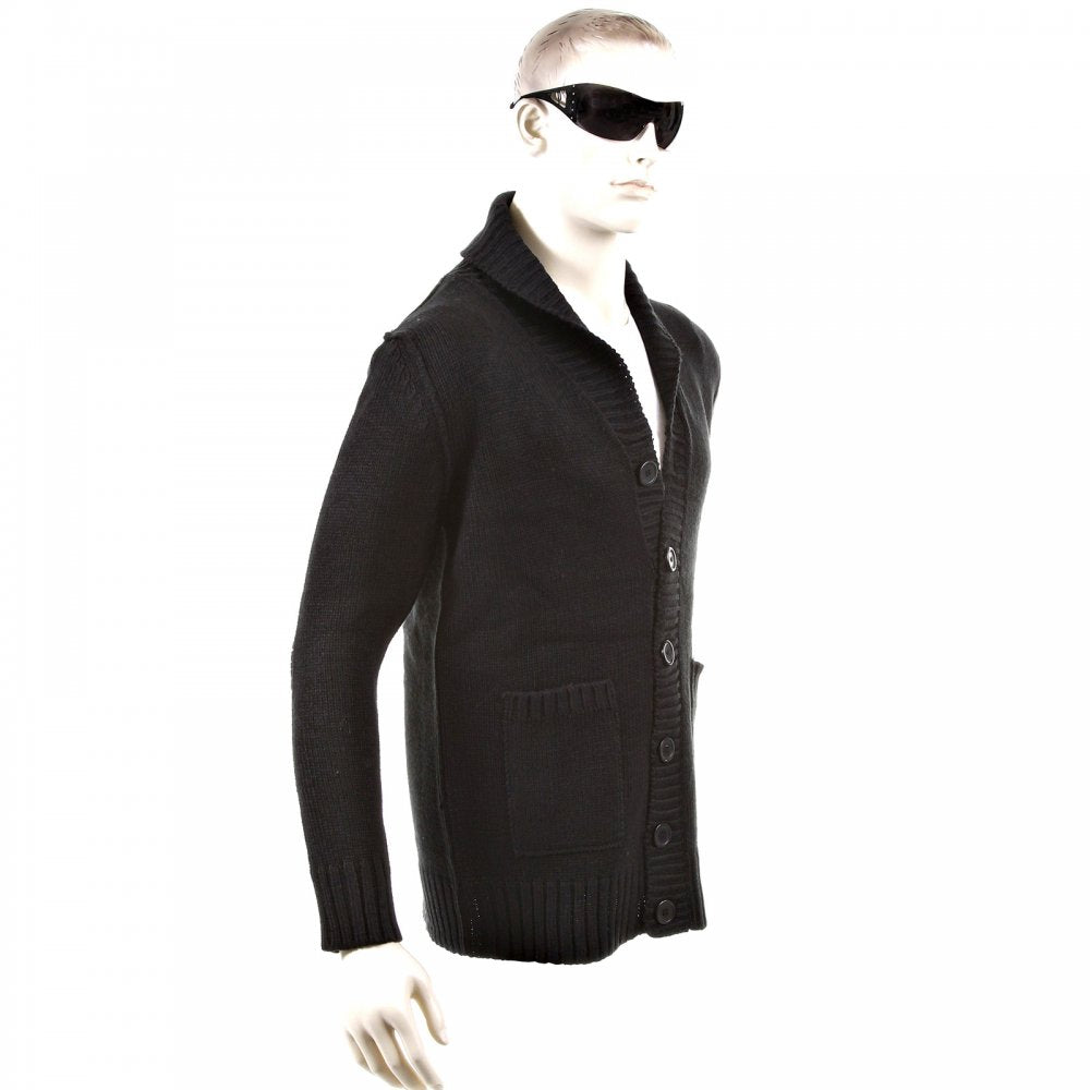 Regular Fit Black Button up Shawl Collar Knitted Cardigan