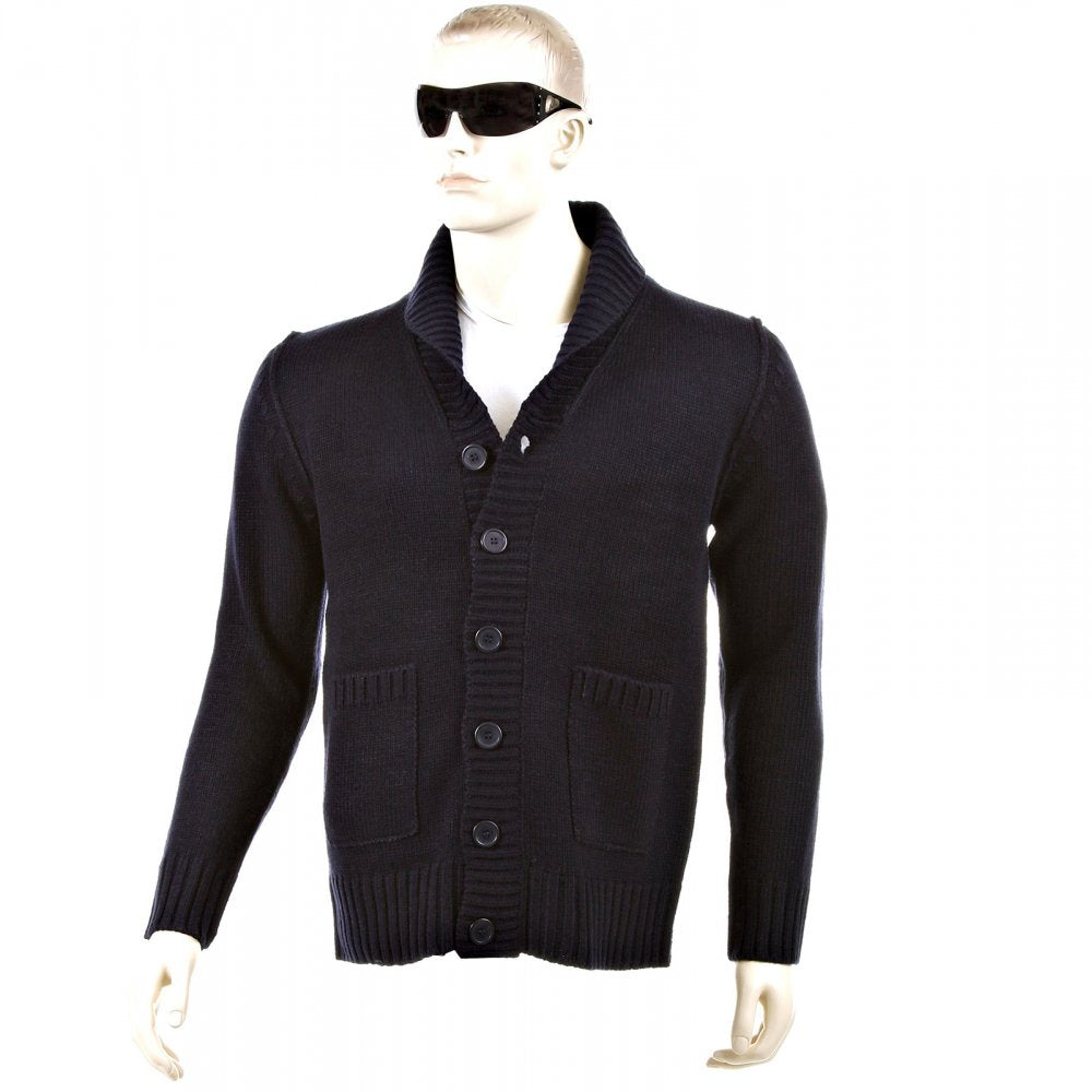 Regular Fit Navy Button up Shawl Collar Knitted Cardigan