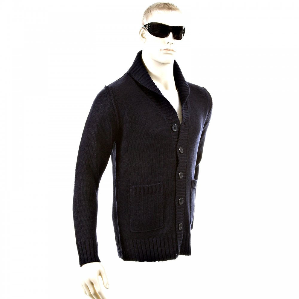 Regular Fit Navy Button up Shawl Collar Knitted Cardigan