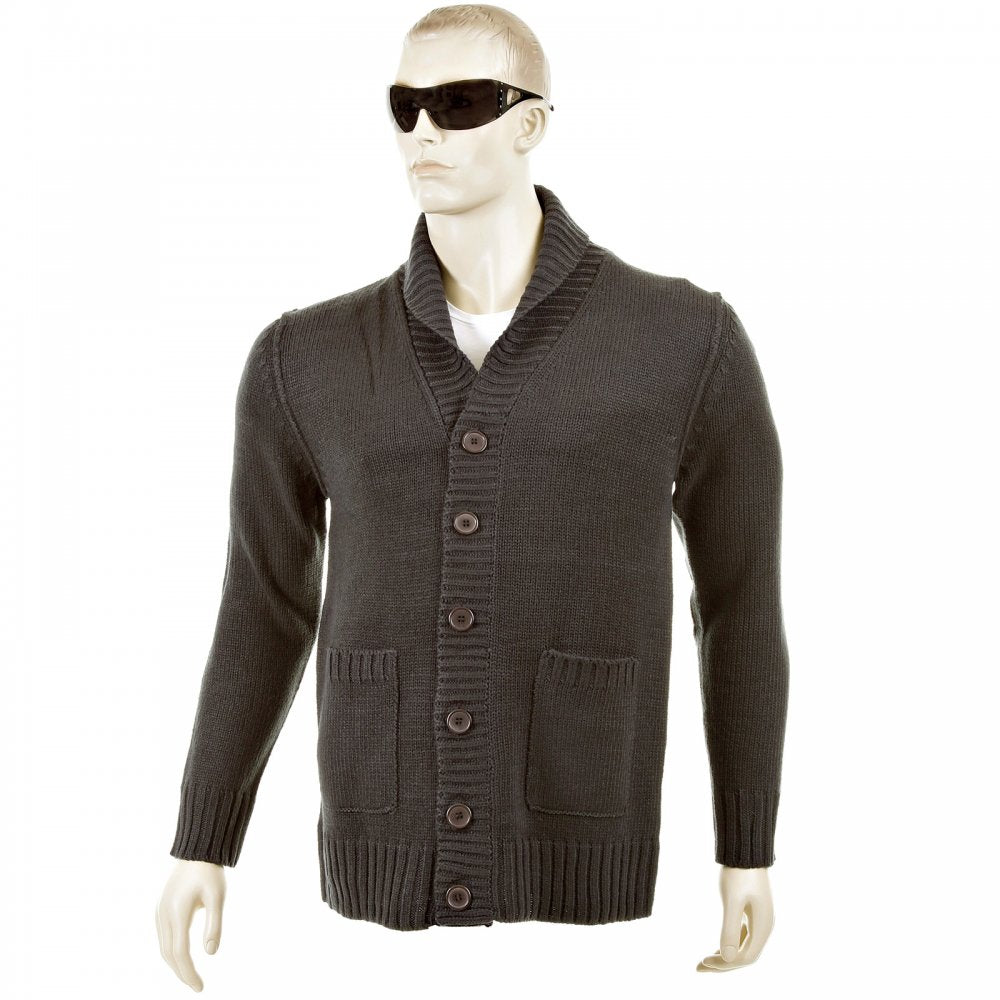 Regular Fit Charcoal Button up Shawl Collar Knitted Cardigan