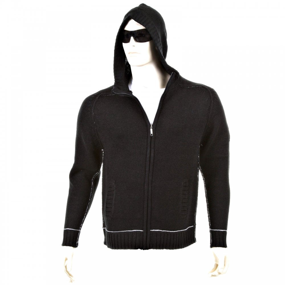 Knitted Black Long Sleeve Regular Fit Zip-Up Hooded Cardigan with Grey Trim