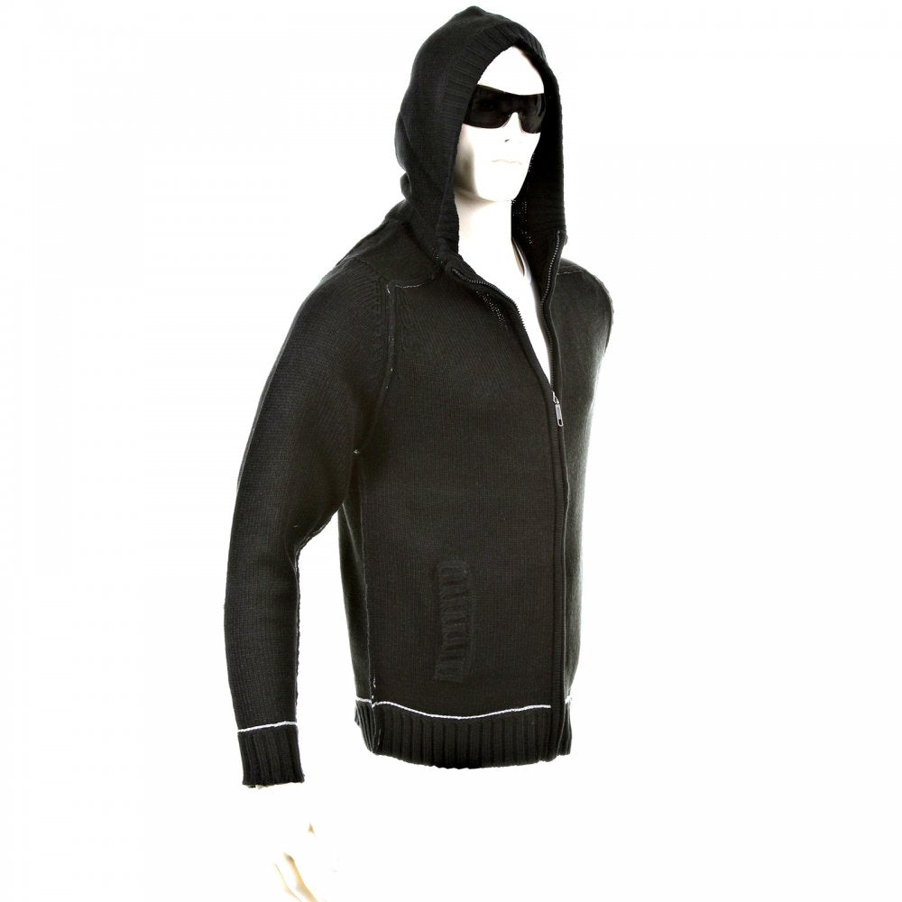 Knitted Black Long Sleeve Regular Fit Zip-Up Hooded Cardigan with Grey Trim