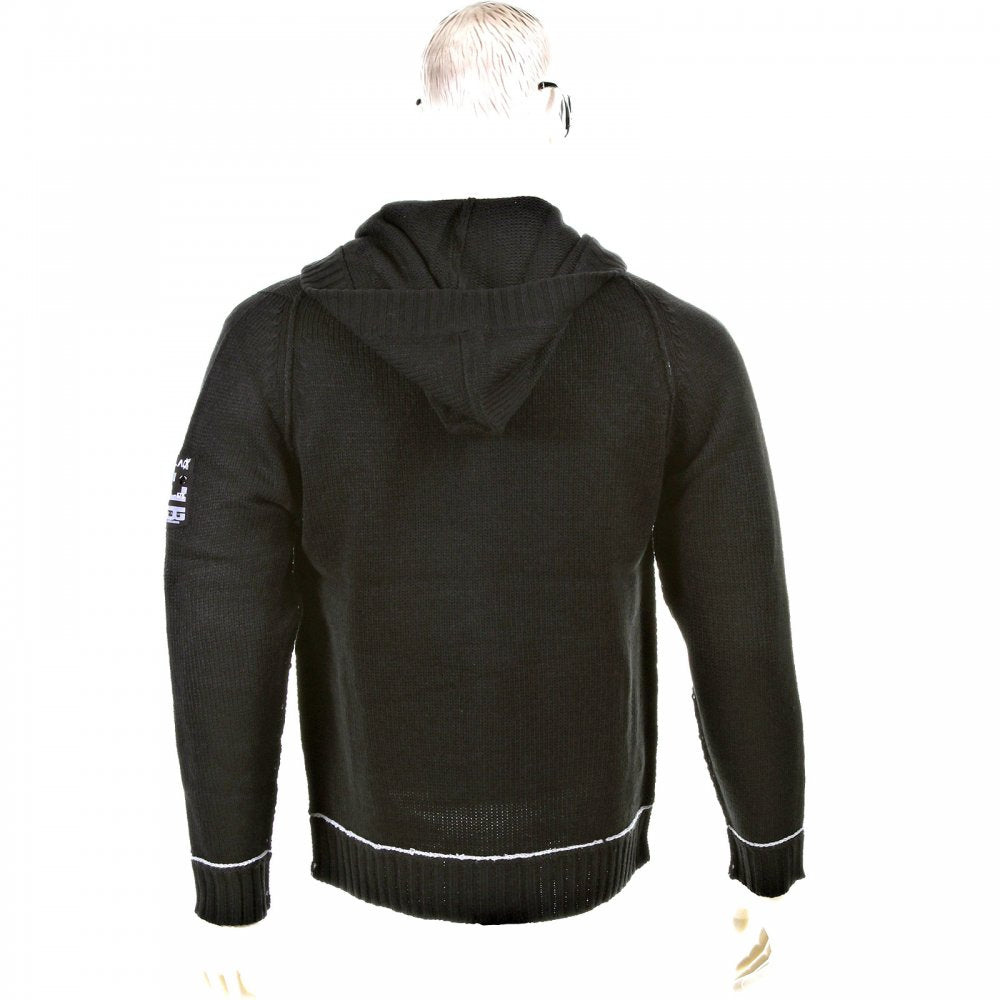 Knitted Black Long Sleeve Regular Fit Zip-Up Hooded Cardigan with Grey Trim