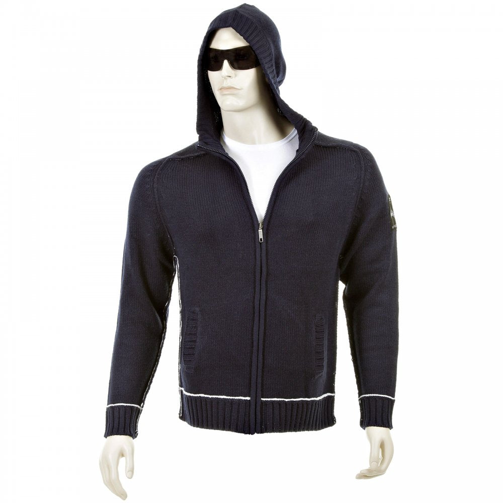 Knitted Navy Long Sleeve Regular Fit Zip-Up Hooded Cardigan with White Trim