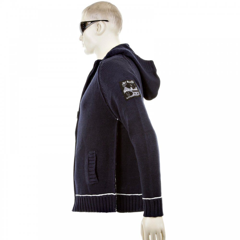 Knitted Navy Long Sleeve Regular Fit Zip-Up Hooded Cardigan with White Trim