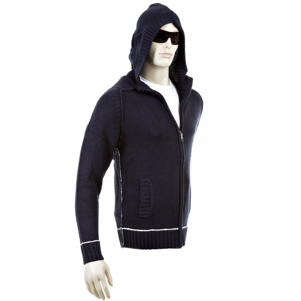 Knitted Navy Long Sleeve Regular Fit Zip-Up Hooded Cardigan with White Trim