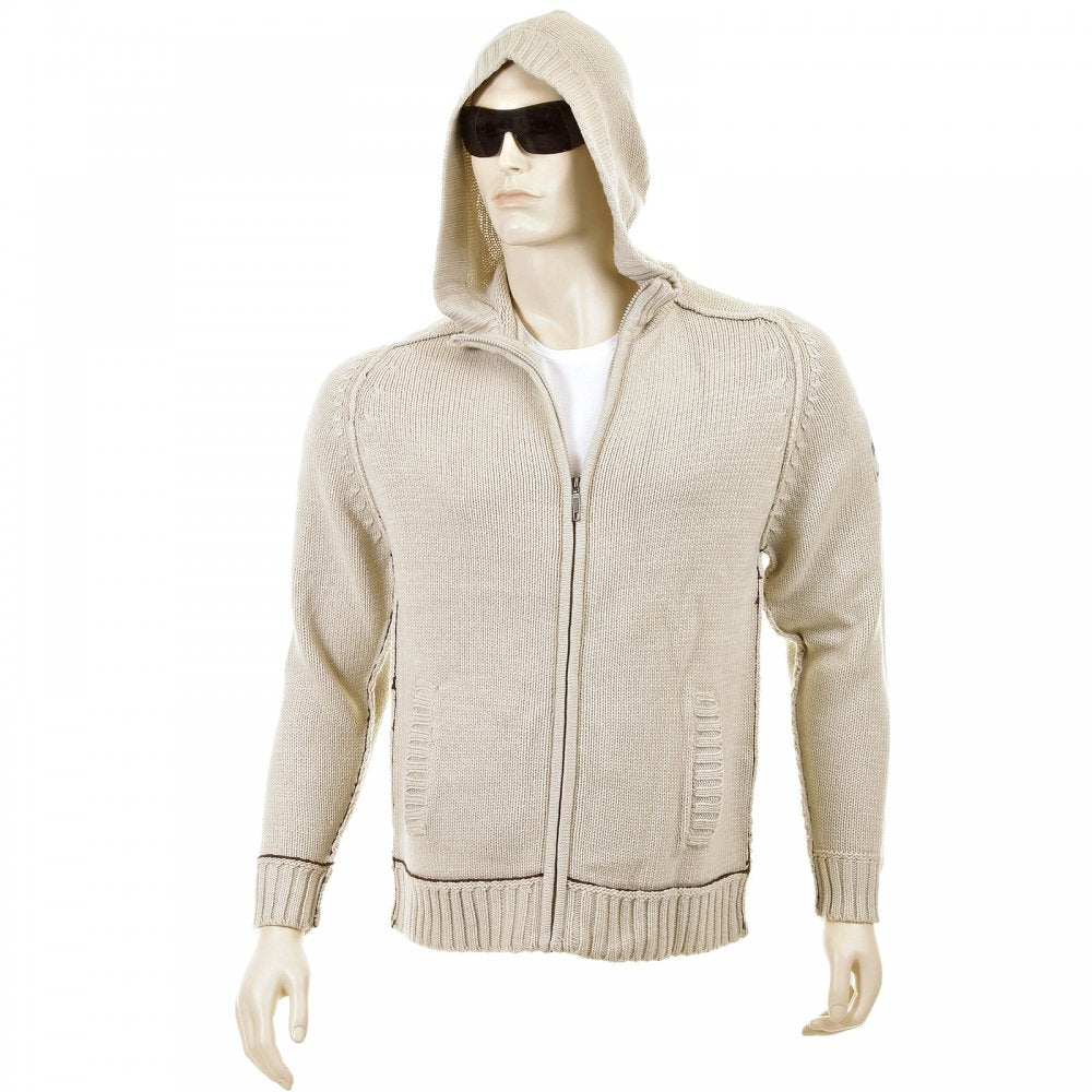 Knitted Beige Long Sleeve Regular Fit Zip-Up Hooded Cardigan with Chocolate Trim