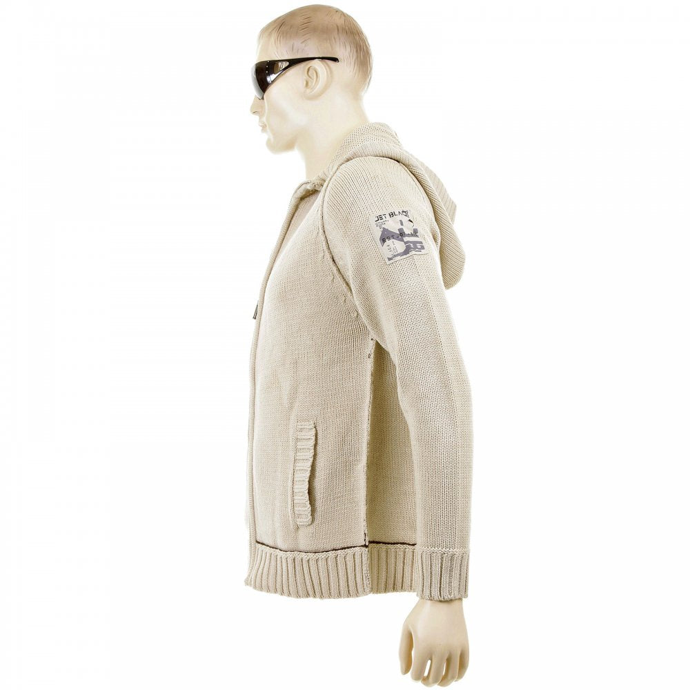 Knitted Beige Long Sleeve Regular Fit Zip-Up Hooded Cardigan with Chocolate Trim
