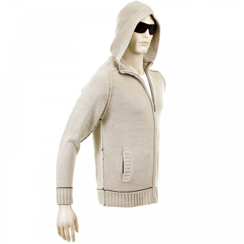 Knitted Beige Long Sleeve Regular Fit Zip-Up Hooded Cardigan with Chocolate Trim