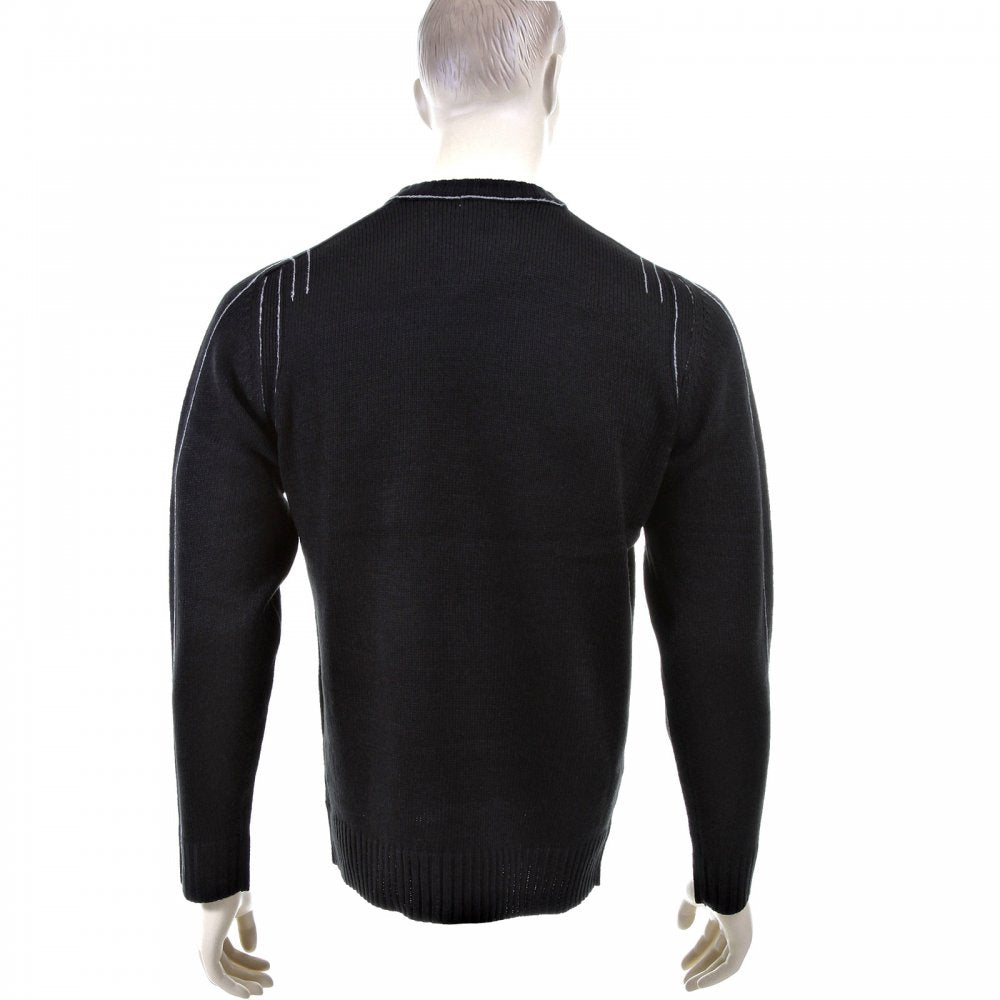 Black Crew Neck Long Sleeve Regular Fit Knitted Jumper with Grey Stitched Trim