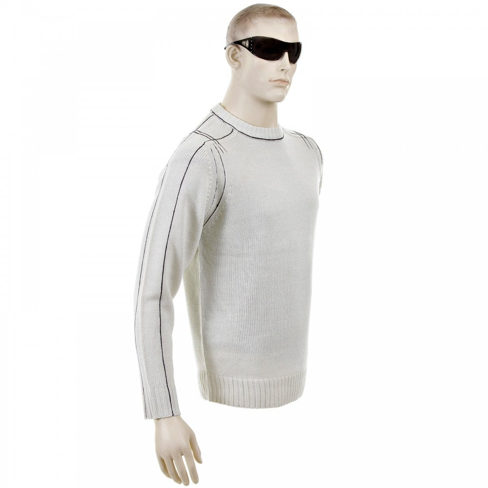 Putty Crew Neck Long Sleeve Regular Fit Knitted Jumper with Dark Navy Trim