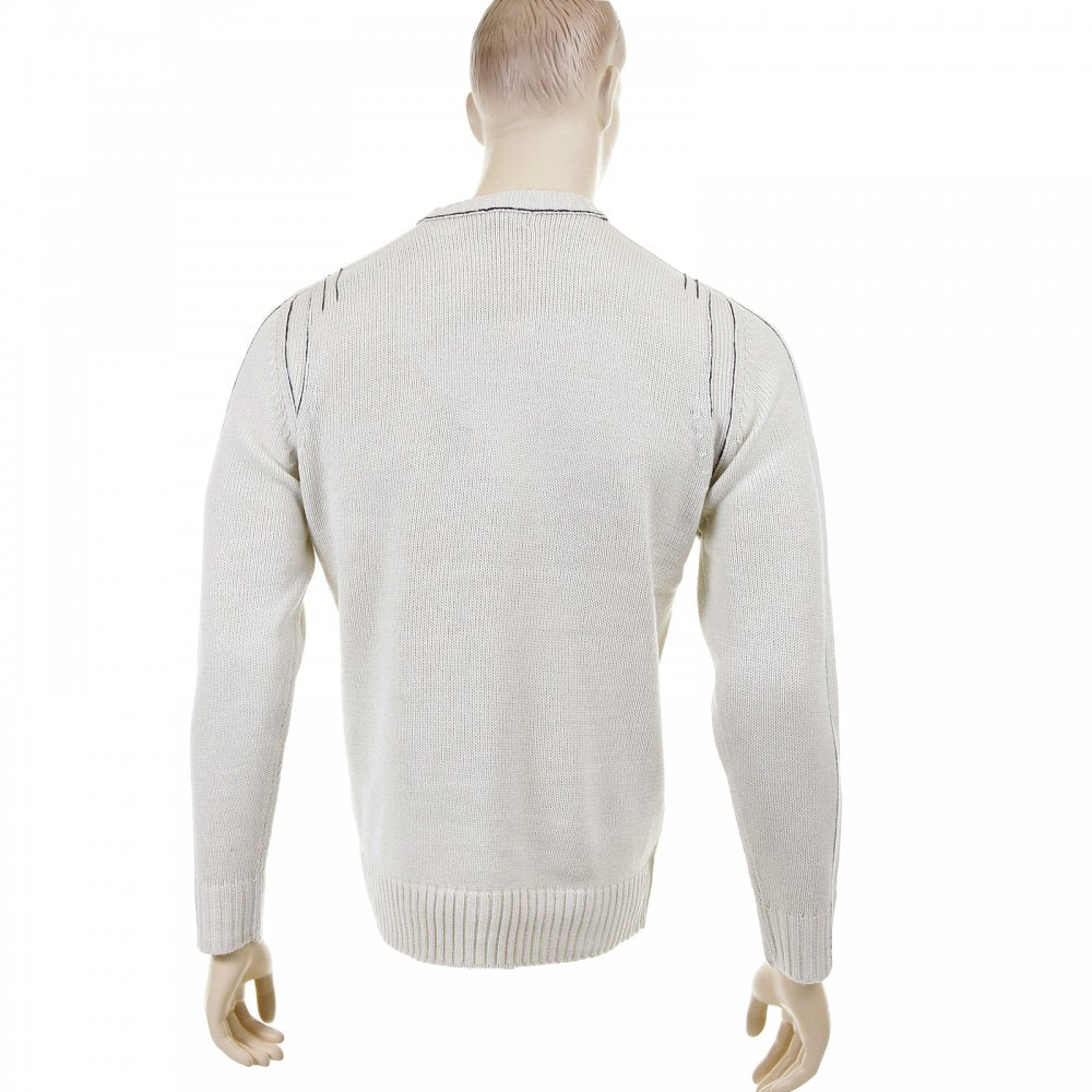 Putty Crew Neck Long Sleeve Regular Fit Knitted Jumper with Dark Navy Trim