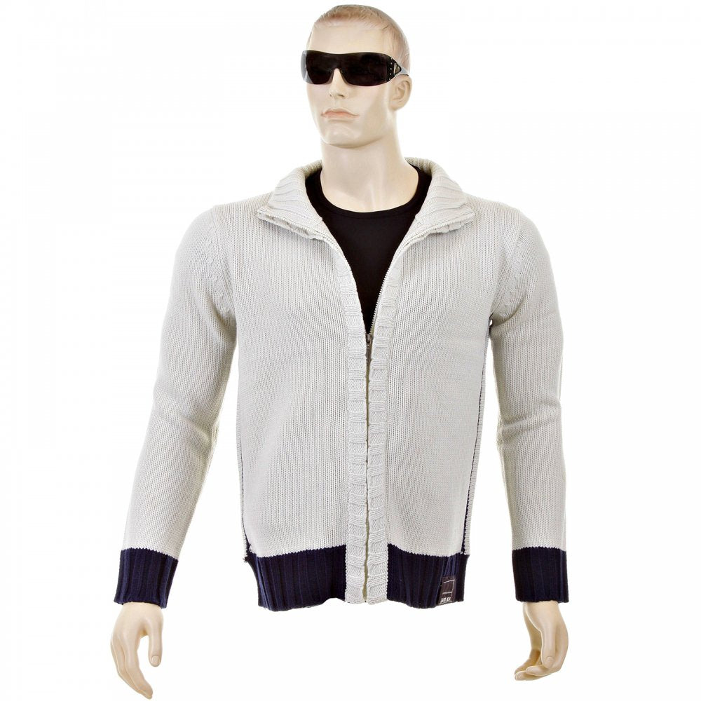 Knitted Putty Long Sleeve Regular Fit Zip Up Cardigan with Navy Trim