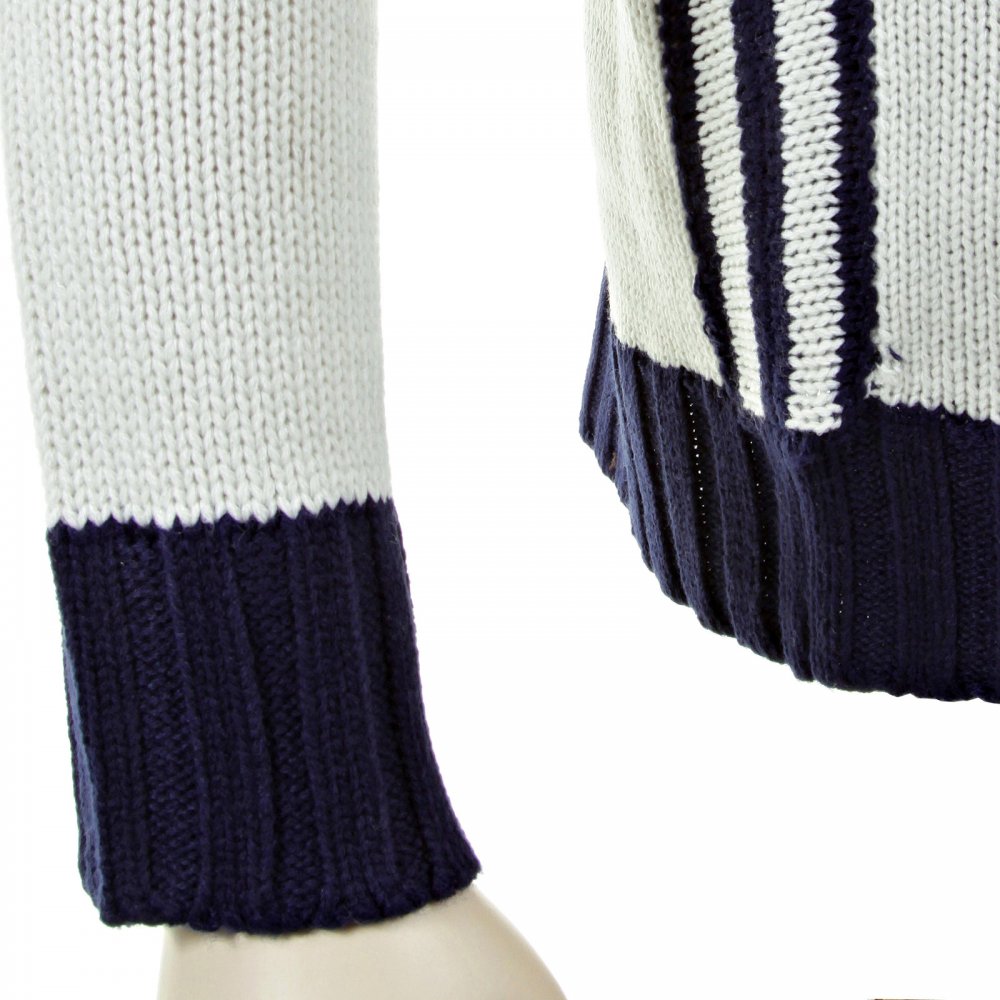 Knitted Putty Long Sleeve Regular Fit Zip Up Cardigan with Navy Trim