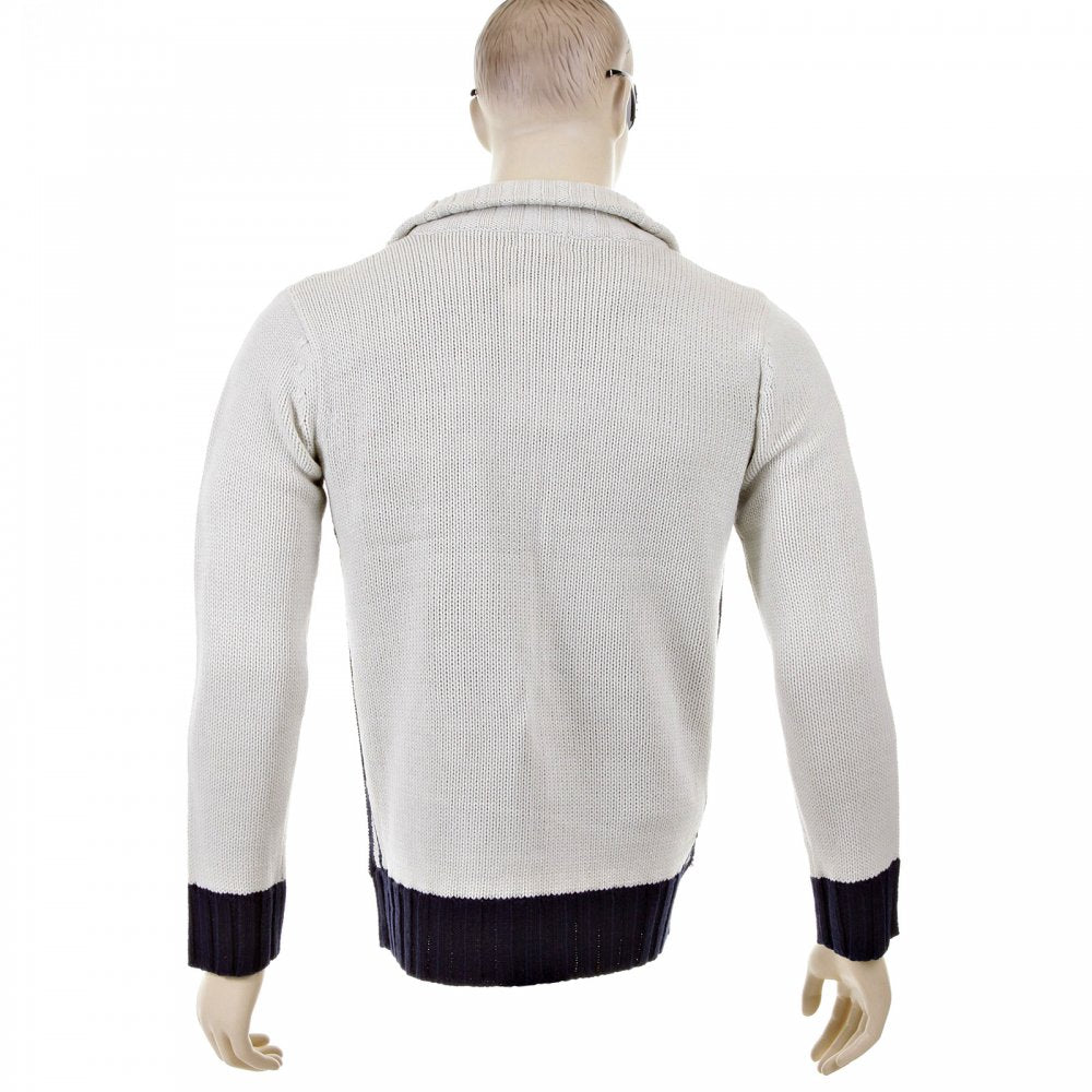 Knitted Putty Long Sleeve Regular Fit Zip Up Cardigan with Navy Trim