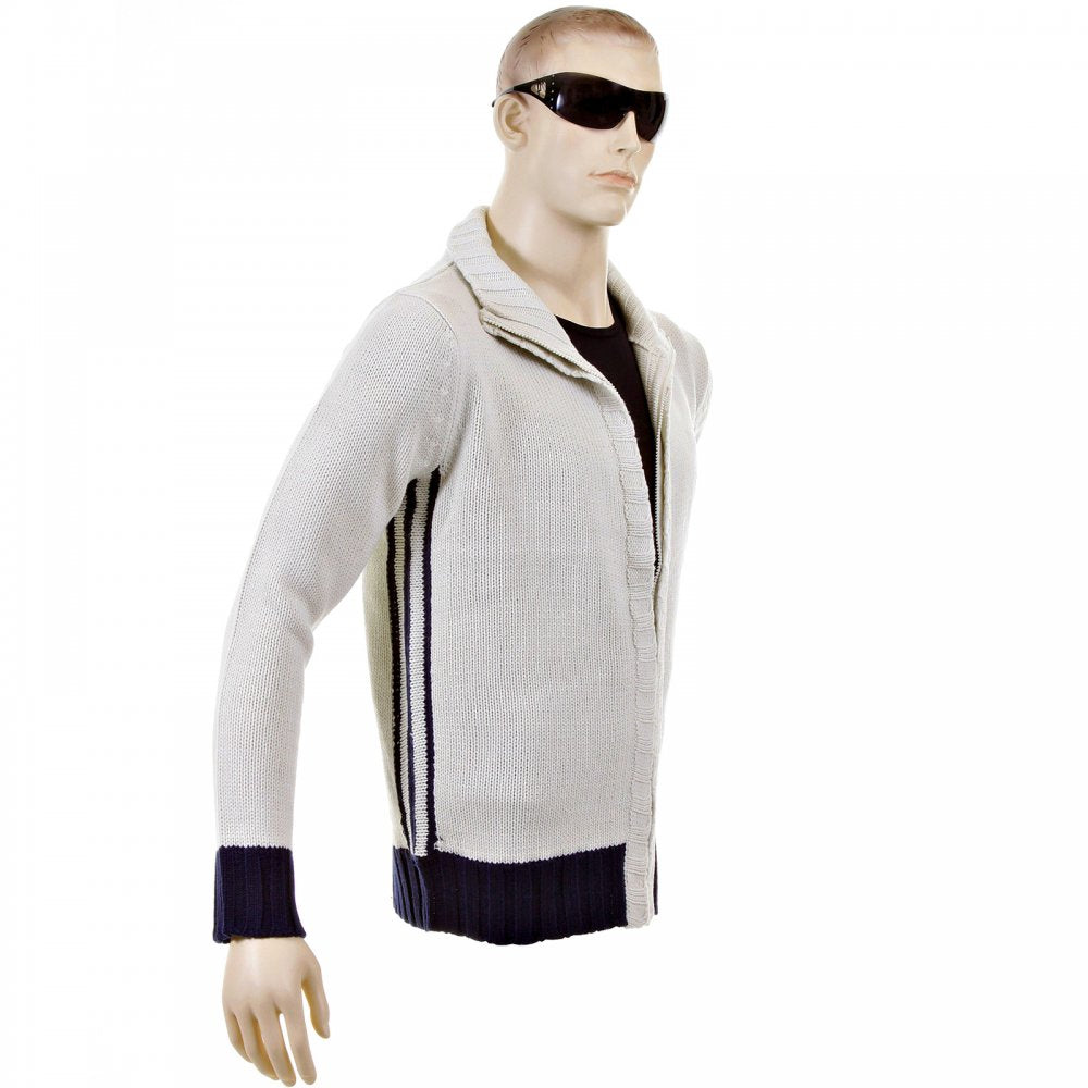 Knitted Putty Long Sleeve Regular Fit Zip Up Cardigan with Navy Trim