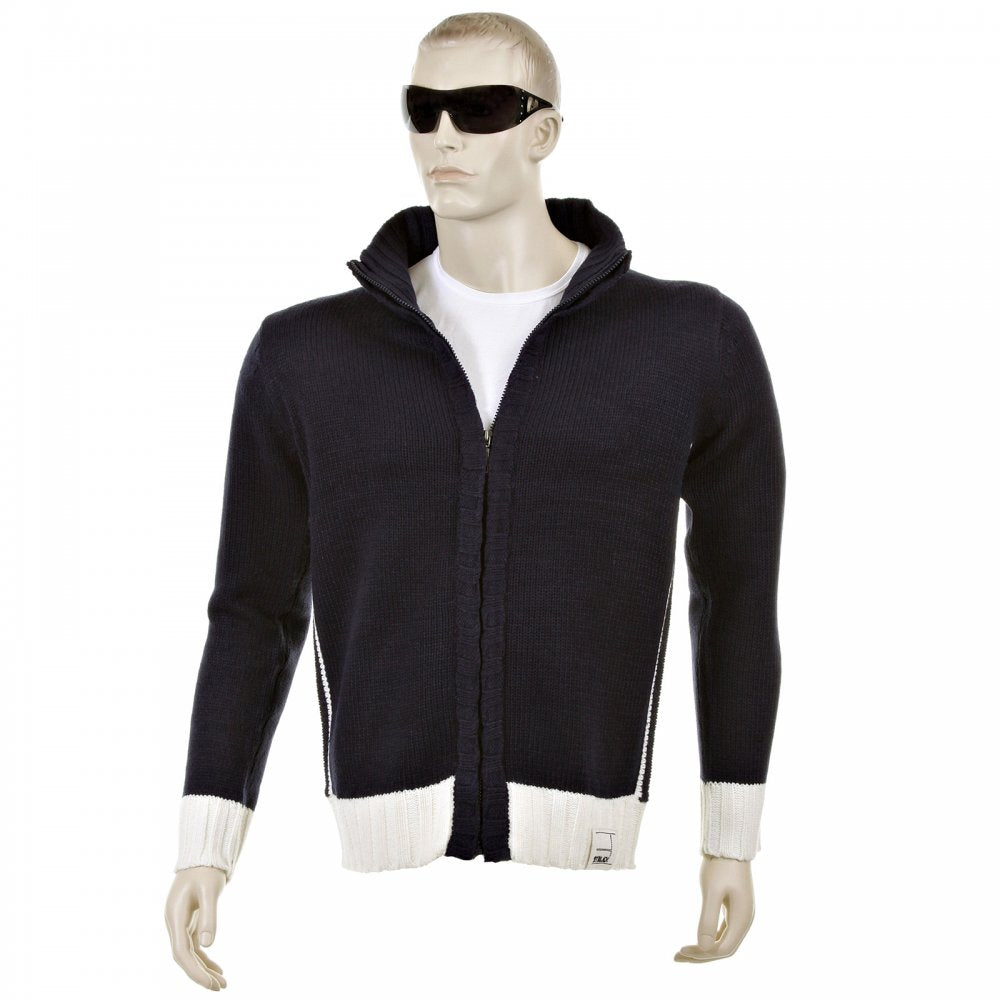 Knitted Navy Long Sleeve Regular Fit Zip up Cardigan with Ecru Trim