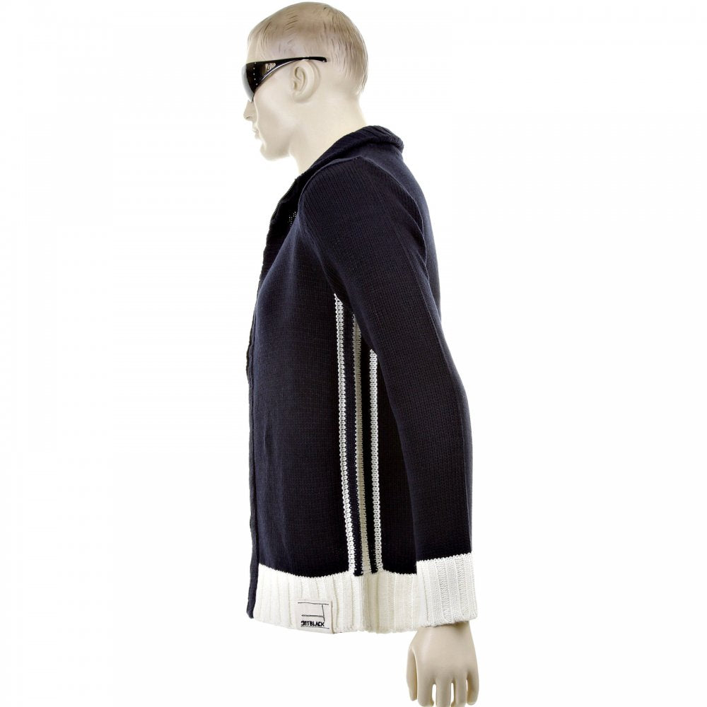 Knitted Navy Long Sleeve Regular Fit Zip up Cardigan with Ecru Trim