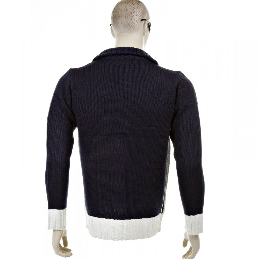 Knitted Navy Long Sleeve Regular Fit Zip up Cardigan with Ecru Trim