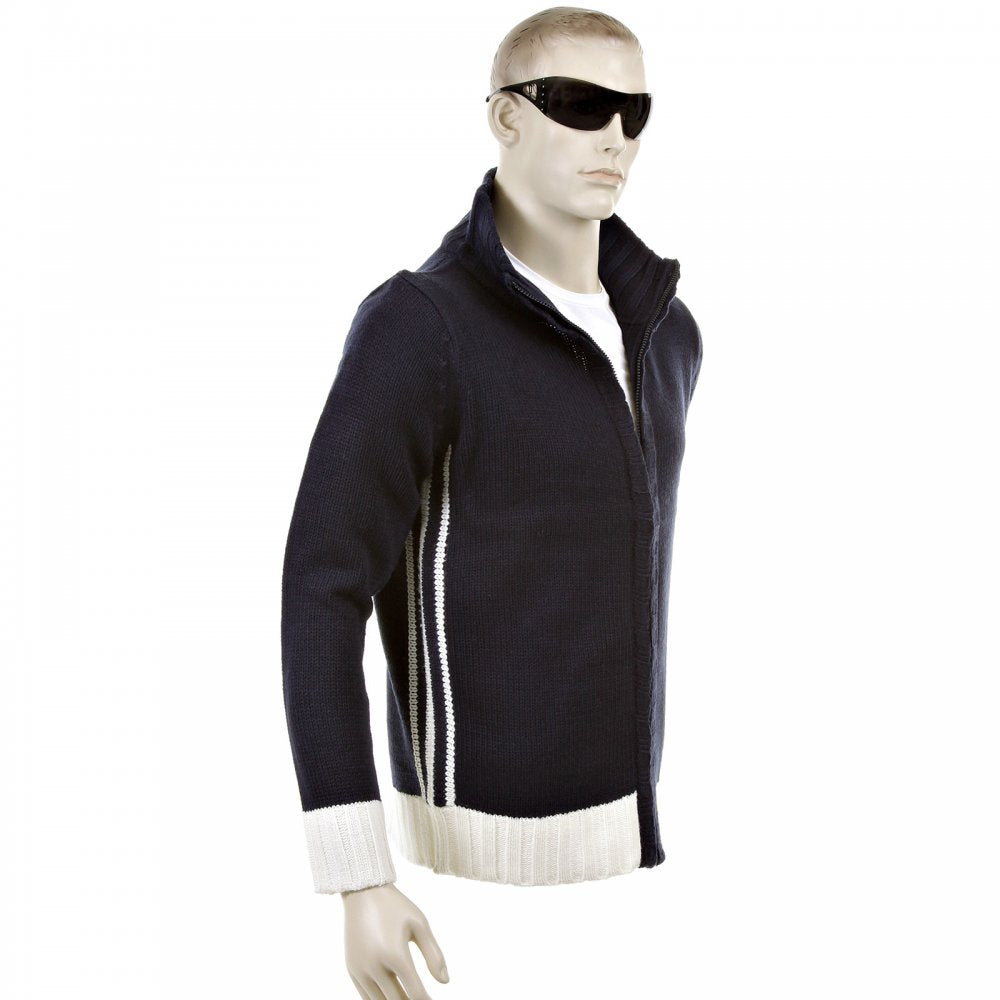 Knitted Navy Long Sleeve Regular Fit Zip up Cardigan with Ecru Trim