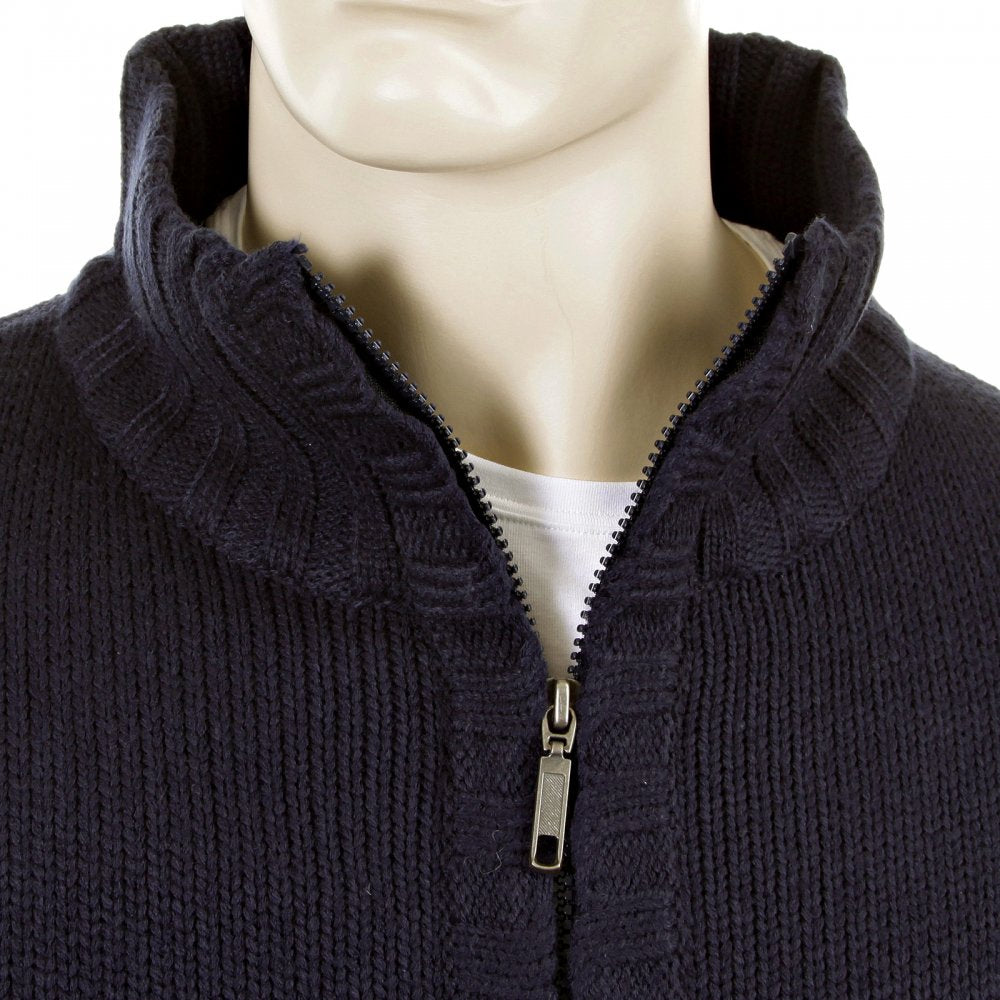 Knitted Navy Long Sleeve Regular Fit Zip up Cardigan with Ecru Trim